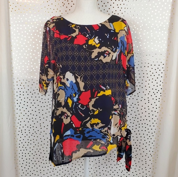 Dana Buchman Mixed Print Side Tie Top - Picture 1 of 8